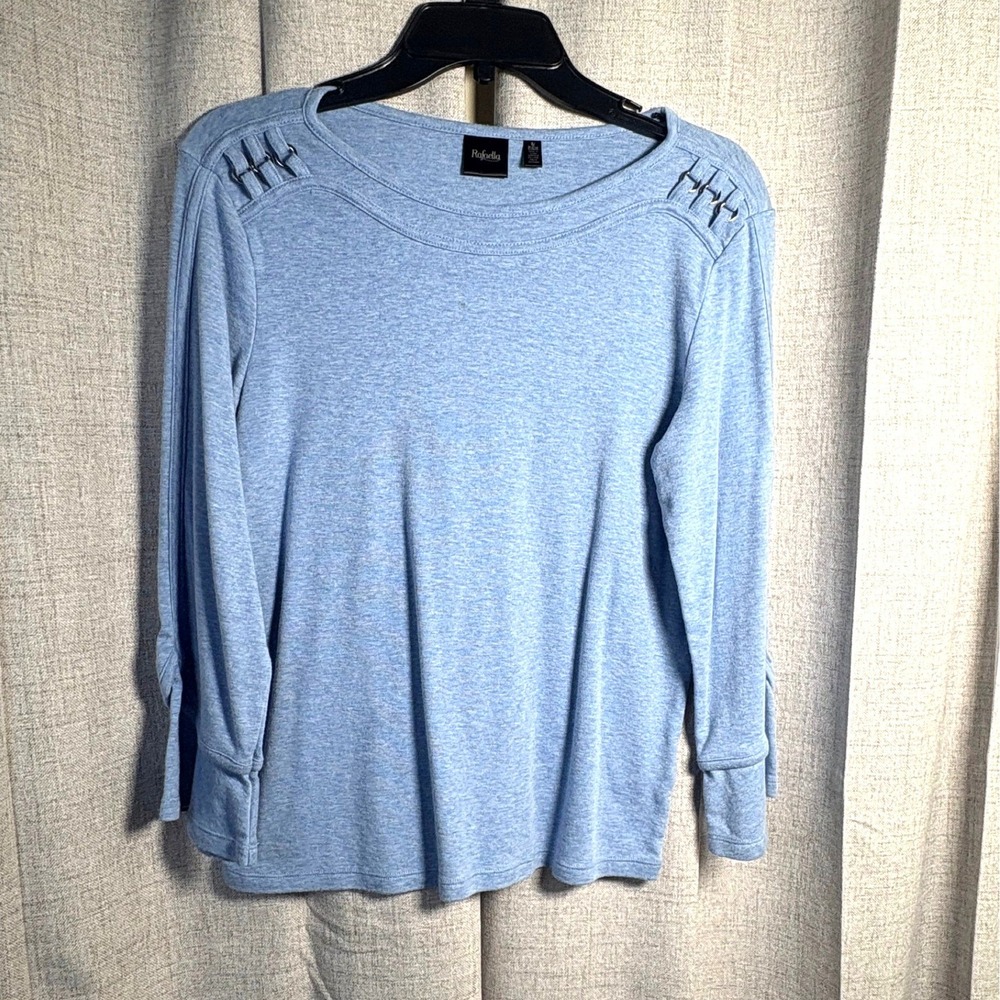 Rafaella Womens Light Blue Heathered Long Sleeve Top Ring Shoulder Detail Small